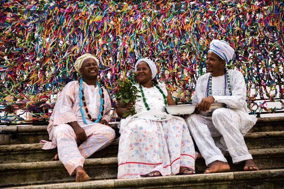 Candomblé group wearing traditional clothes at Bonfim Church in Salvador, Bahia, Brazil 
